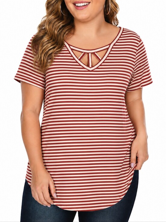 Terra & Sky Tops - Terra & Sky Red Cream Striped Cutout Neck Tunic Top Plus Size 1X